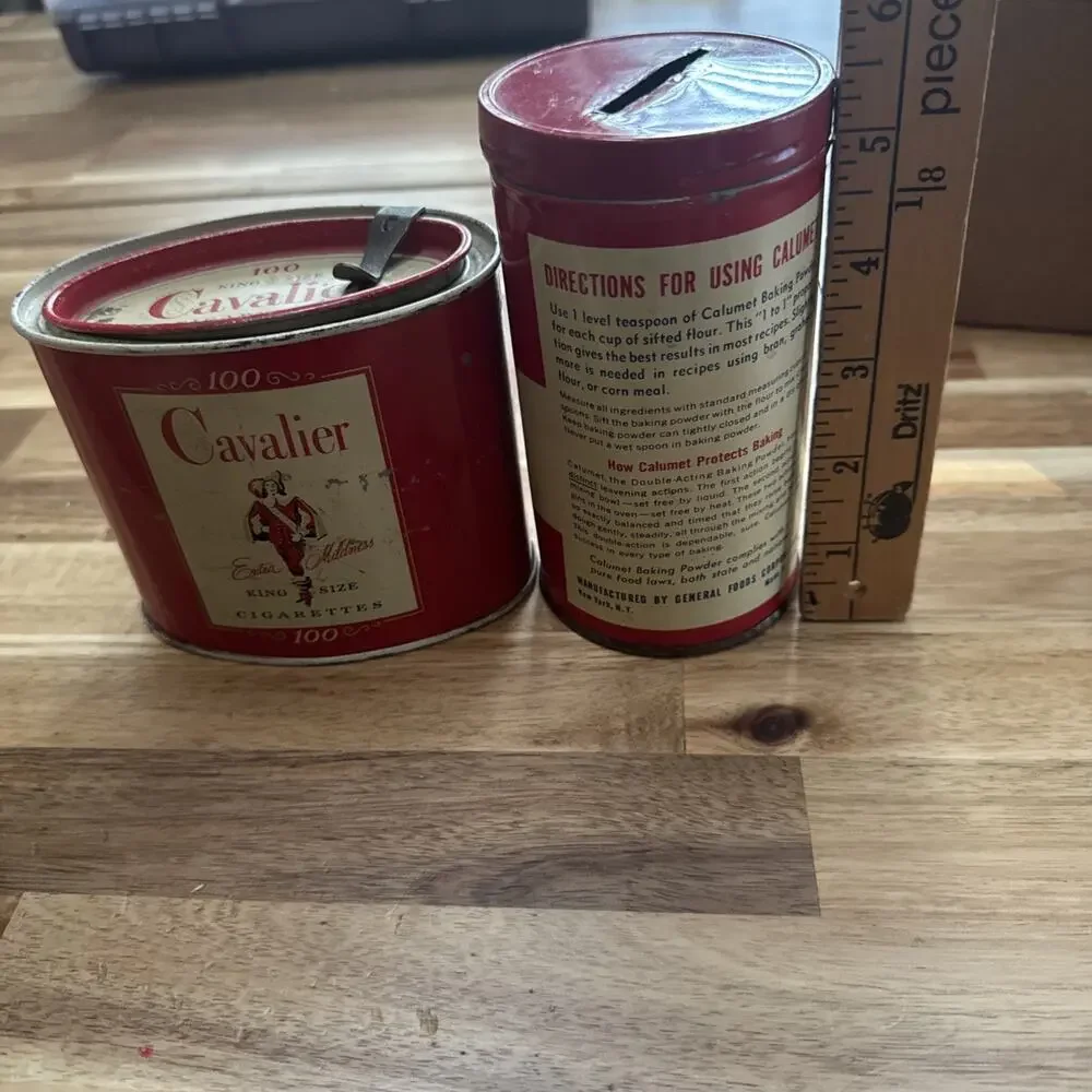 Vintage 1950’s CALUMET Baking Powder Tin And Cavalier Cigarettes Tin 100 Count